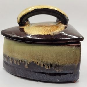 Vintage Red Clay Iron Shaped Trinket Box Approx 4 1/2" Length 4 1/2" Height